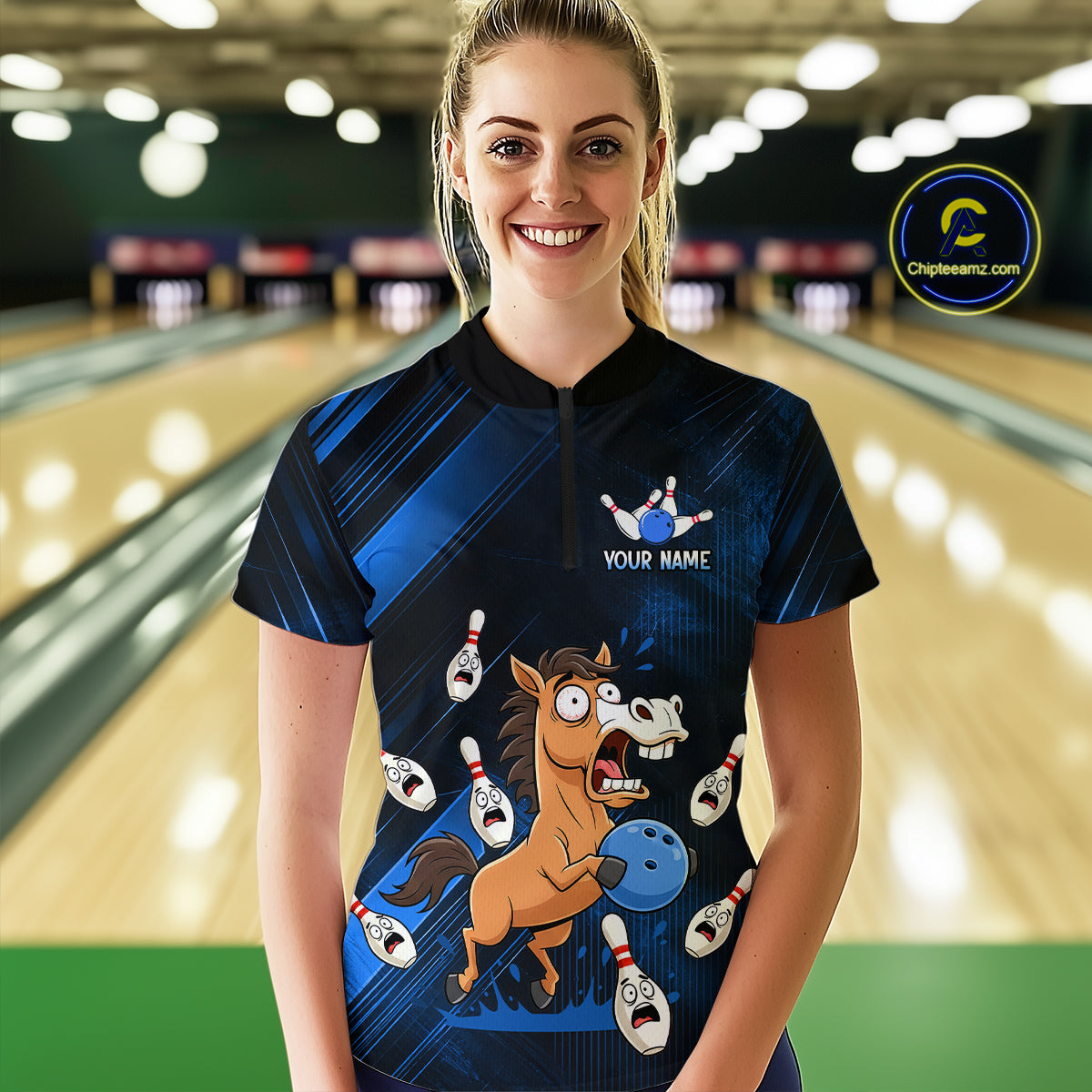 Custom Blue Funny Horse Bowling Jersey for Women Bowling Team Shirts Bowling Tournament HNT184