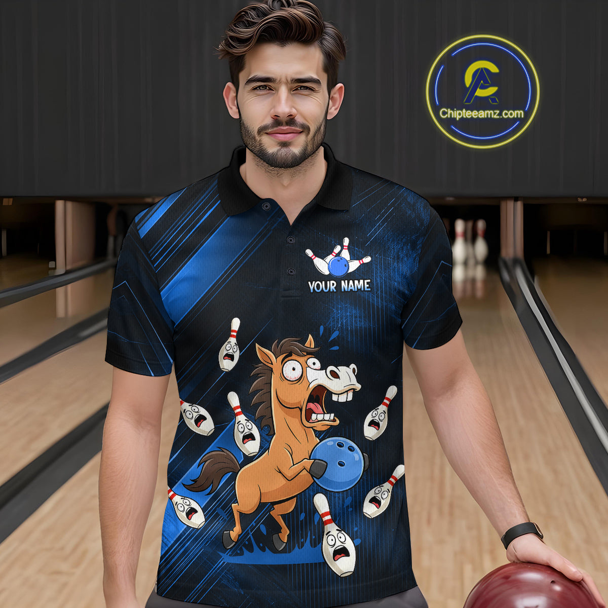 Custom Blue Funny Horse Bowling Jersey for Men Bowling Team Shirts Bowling Tournament HNT184