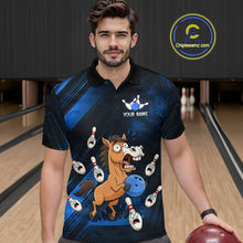 Load image into Gallery viewer, Custom Blue Funny Horse Bowling Jersey for Men Bowling Team Shirts Bowling Tournament HNT184