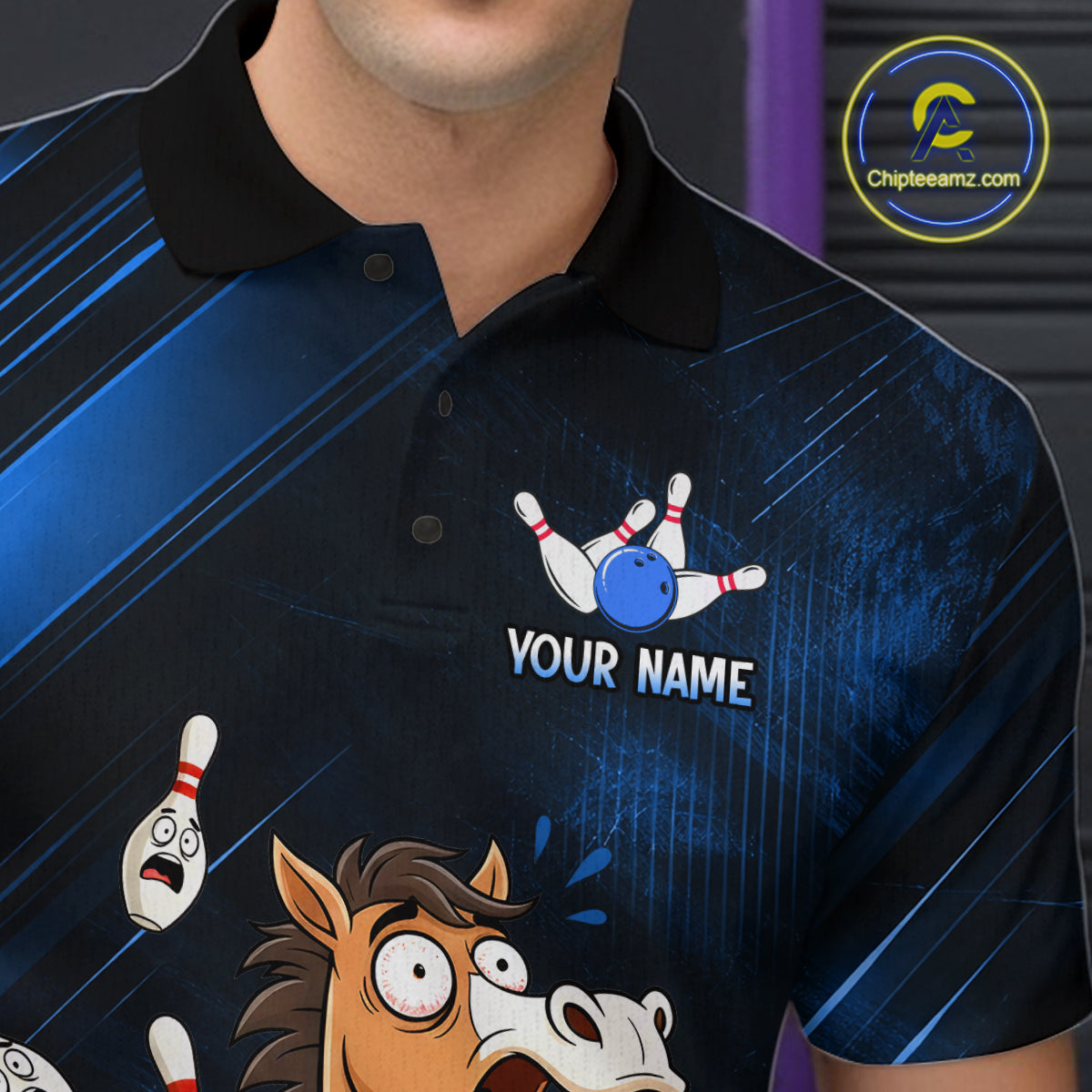 Custom Blue Funny Horse Bowling Jersey for Men Bowling Team Shirts Bowling Tournament HNT184