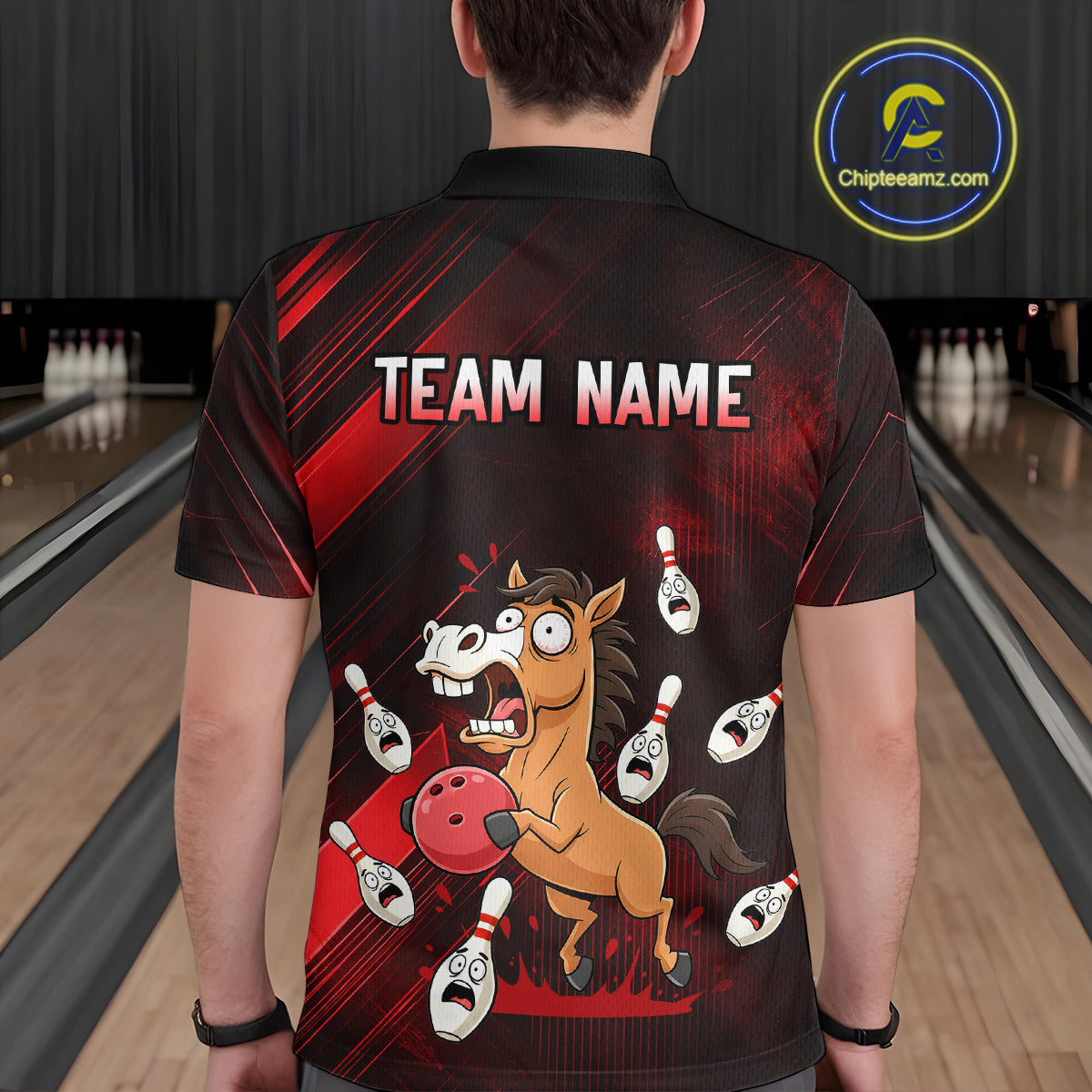 Custom Red Funny Horse Bowling Jersey for Men Bowling Team Shirts Bowling Tournament HNT184