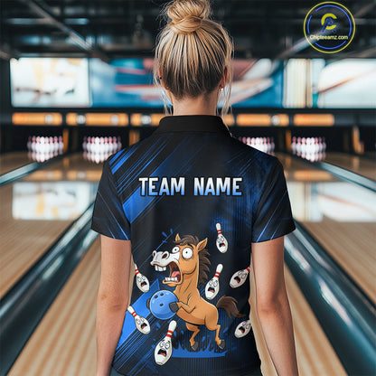 Custom Blue Funny Horse Bowling Jersey for Women Bowling Team Shirts Bowling Tournament HNT184