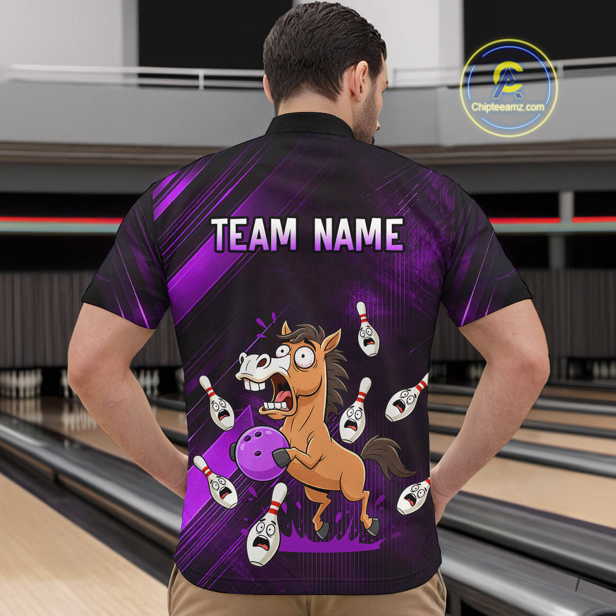 Custom Purple Funny Horse Bowling Jersey for Men Bowling Team Shirts Bowling Tournament HNT184