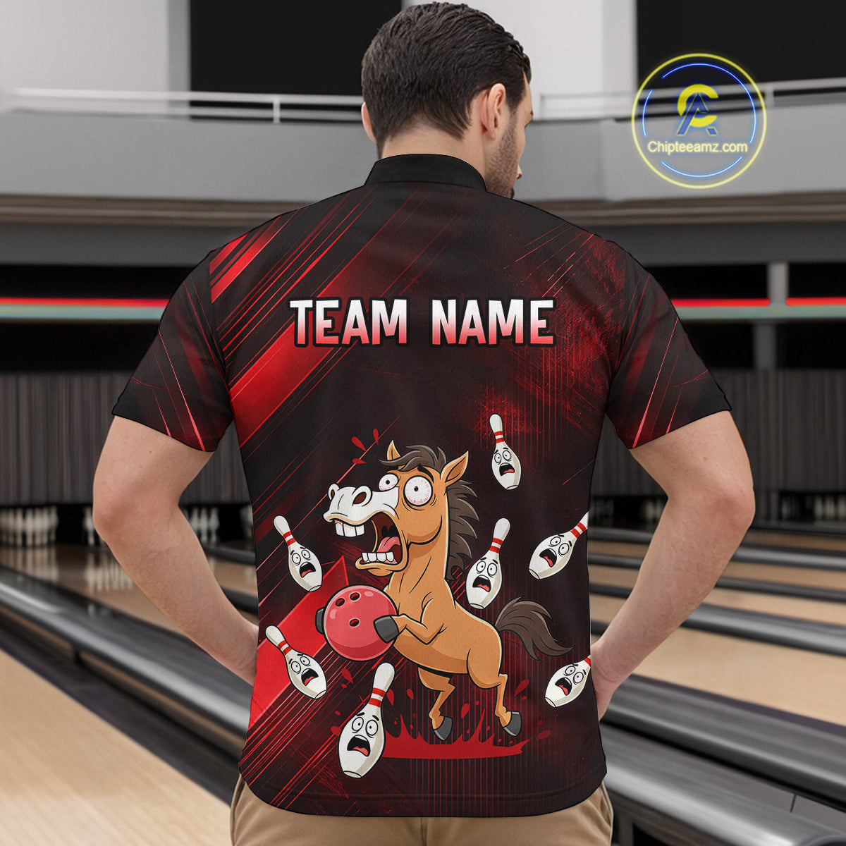 Custom Red Funny Horse Bowling Jersey for Men Bowling Team Shirts Bowling Tournament HNT184