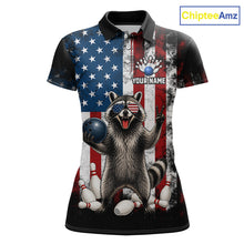 Load image into Gallery viewer, Custom us flag raccoon bowling jersey for women, personalized team bowling polo shirt front view