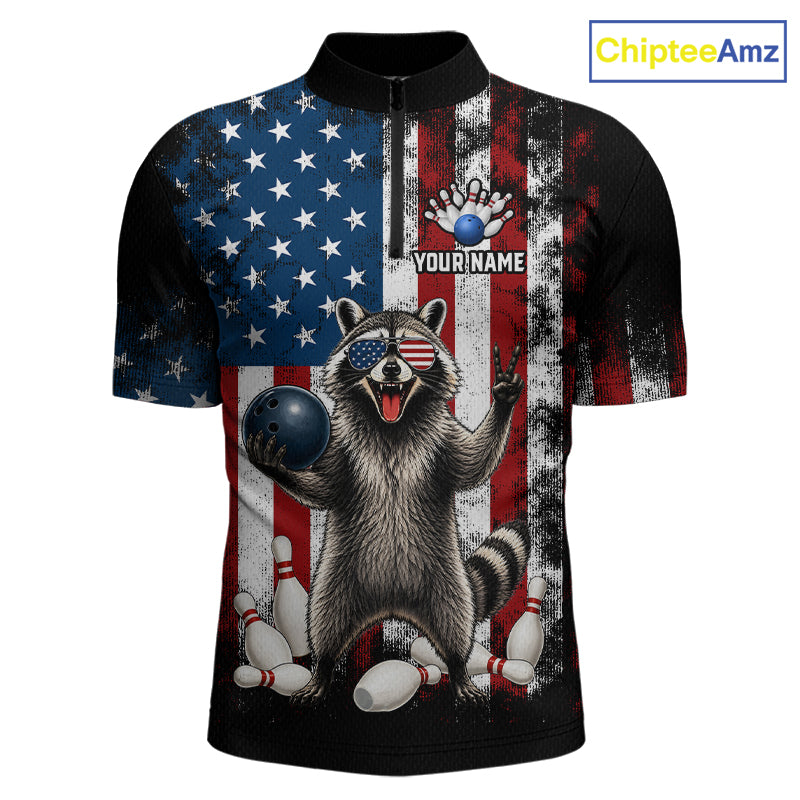 Custom us flag raccoon bowling jersey for men, personalized team bowling quarter zip shirt front view
