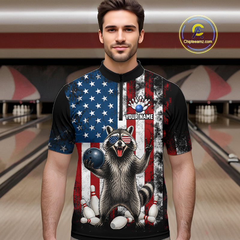 Men’s us flag raccoon bowling quarter zip shirt, front view on male model in bowling lane 