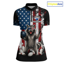 Load image into Gallery viewer, Custom us flag raccoon bowling jersey for women, personalized team bowling quarter zip shirt front view