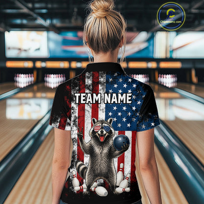 Women’s us flag raccoon bowling quarter zip shirt, back view on female model in bowling lane 