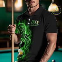 Load image into Gallery viewer, Man wearing a black polo shirt with a green design and pool cue in a billiards setting