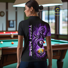 Load image into Gallery viewer, Woman wearing a black t-shirt with a purple design and 'Team Name' text in a pool hall.