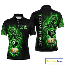 Load image into Gallery viewer, Black polo shirt with green pool ball design on front and back, featuring 'Chiptee Amz' branding.