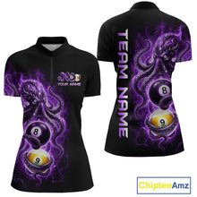 Load image into Gallery viewer, Black polo shirt with purple and white design featuring billiard balls and 'Team Name' text on a white background.
