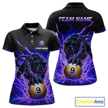 Load image into Gallery viewer, Black polo shirt with a panther holding a pool ball design, customizable text, and Chiptee Amz branding.