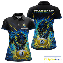 Load image into Gallery viewer, Black polo shirt with panther and billiard ball design, customizable text, and Chiptee Amz branding.
