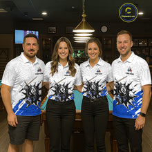 Load image into Gallery viewer, Four people wearing matching billiard shirts in a billiard league