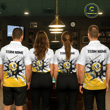 Load image into Gallery viewer, Four people wearing matching biliiard team shirts in a billiard alley.