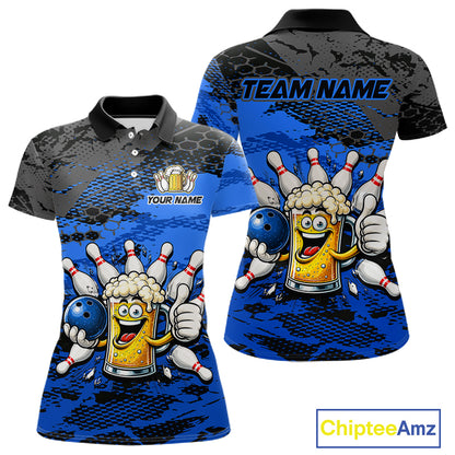 Blue Funny Beer Bowling Shirts for Women Bowling Team Jersey for Bowlers Polo & 1/4 Zip Shirt HNT527