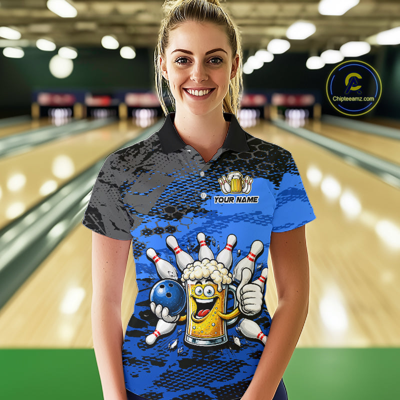 Blue Funny Beer Bowling Shirts for Women Bowling Team Jersey for Bowlers Polo & 1/4 Zip Shirt HNT527