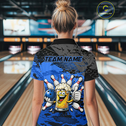 Blue Funny Beer Bowling Shirts for Women Bowling Team Jersey for Bowlers Polo & 1/4 Zip Shirt HNT527