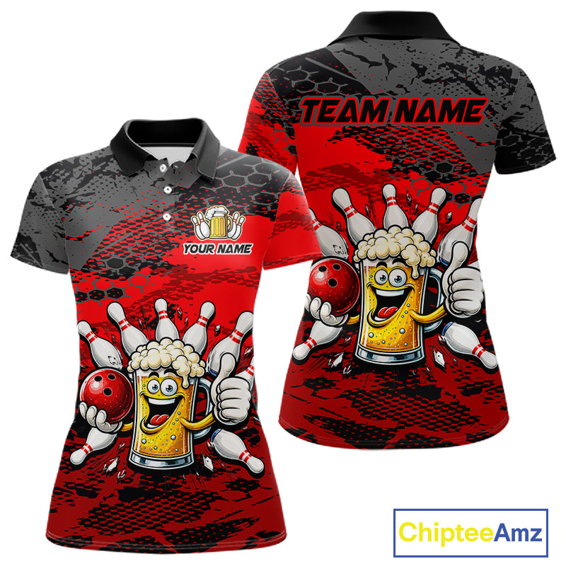 Red Funny Beer Bowling Shirts for Women Bowling Team Jersey for Bowlers Polo & 1/4 Zip Shirt HNT527