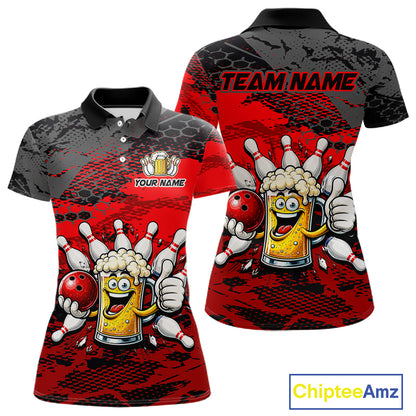 Red Funny Beer Bowling Shirts for Women Bowling Team Jersey for Bowlers Polo & 1/4 Zip Shirt HNT527