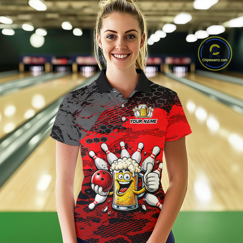 Red Funny Beer Bowling Shirts for Women Bowling Team Jersey for Bowlers Polo & 1/4 Zip Shirt HNT527