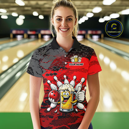 Red Funny Beer Bowling Shirts for Women Bowling Team Jersey for Bowlers Polo & 1/4 Zip Shirt HNT527