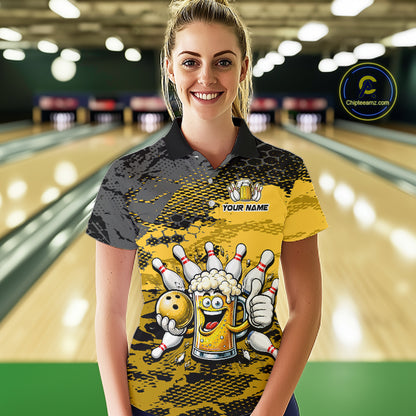 Yellow Funny Beer Bowling Shirts for Women Bowling Team Jersey for Bowlers Polo & 1/4 Zip Shirt HNT527