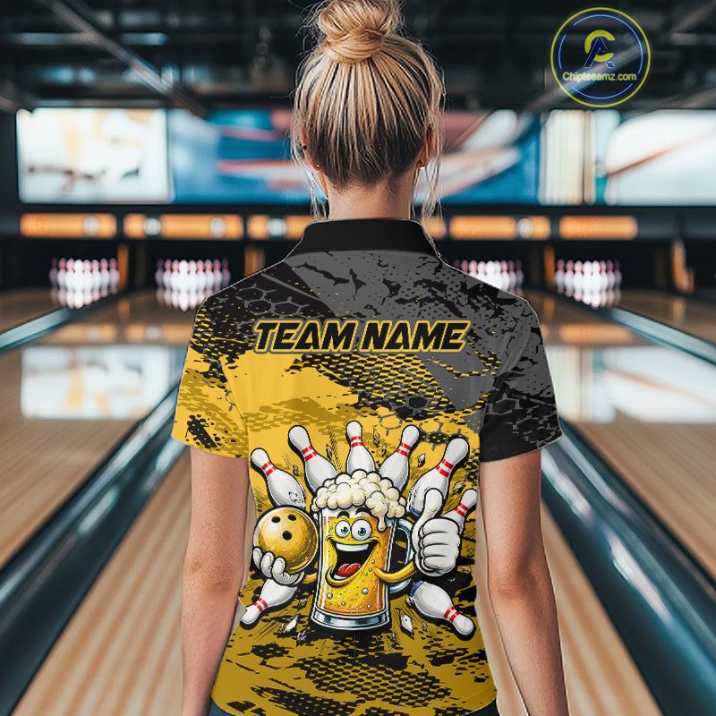 Yellow Funny Beer Bowling Shirts for Women Bowling Team Jersey for Bowlers Polo & 1/4 Zip Shirt HNT527
