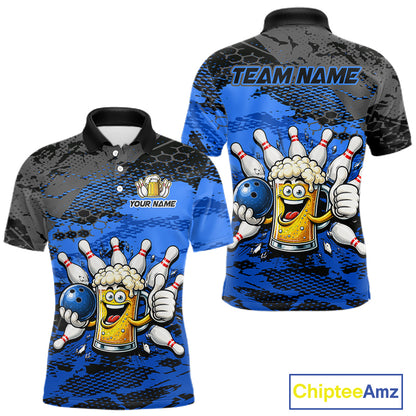 Blue Funny Beer Bowling Shirts for Men Bowling Team Jersey for Bowlers Polo & 1/4 Zip Shirt HNT527