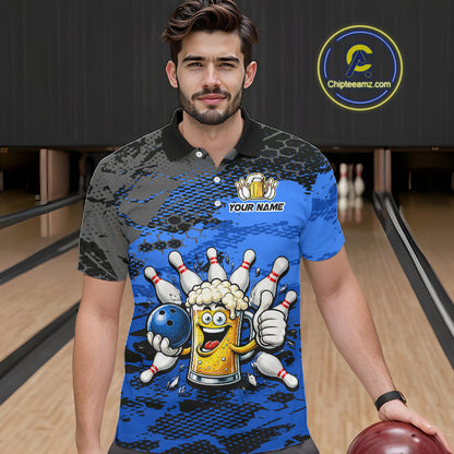 Blue Funny Beer Bowling Shirts for Men Bowling Team Jersey for Bowlers Polo & 1/4 Zip Shirt HNT527