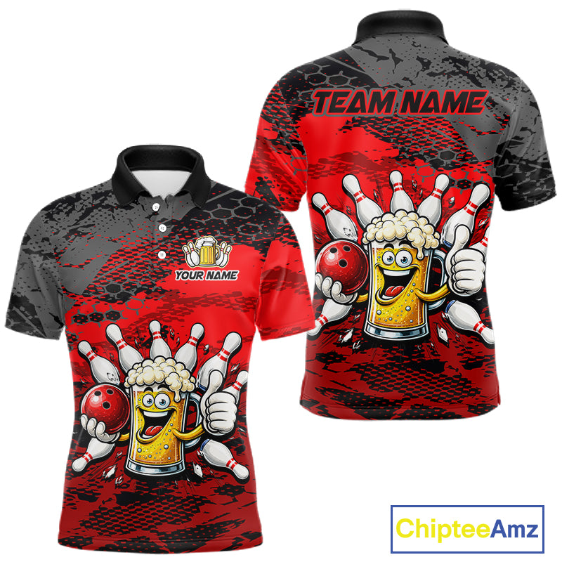 Red Funny Beer Bowling Shirts for Men Bowling Team Jersey for Bowlers Polo & 1/4 Zip Shirt HNT527