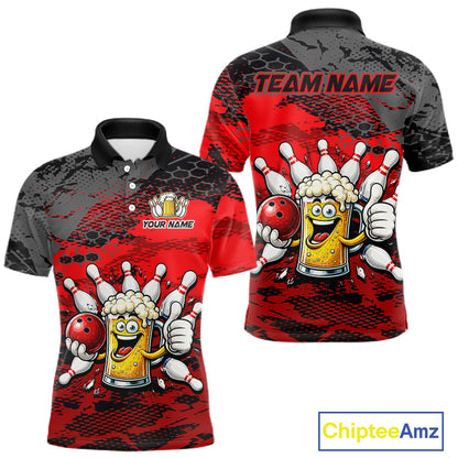 Red Funny Beer Bowling Shirts for Men Bowling Team Jersey for Bowlers Polo & 1/4 Zip Shirt HNT527