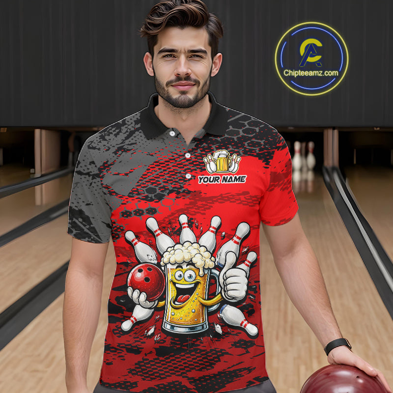 Red Funny Beer Bowling Shirts for Men Bowling Team Jersey for Bowlers Polo & 1/4 Zip Shirt HNT527