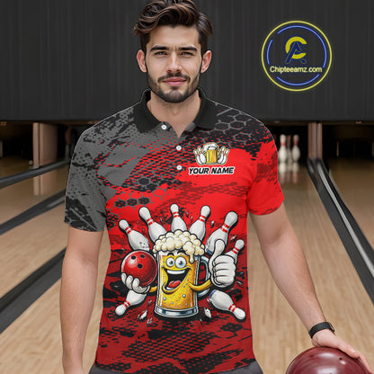 Red Funny Beer Bowling Shirts for Men Bowling Team Jersey for Bowlers Polo & 1/4 Zip Shirt HNT527