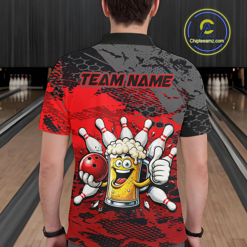Red Funny Beer Bowling Shirts for Men Bowling Team Jersey for Bowlers Polo & 1/4 Zip Shirt HNT527