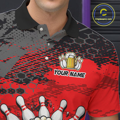 Red Funny Beer Bowling Shirts for Men Bowling Team Jersey for Bowlers Polo & 1/4 Zip Shirt HNT527