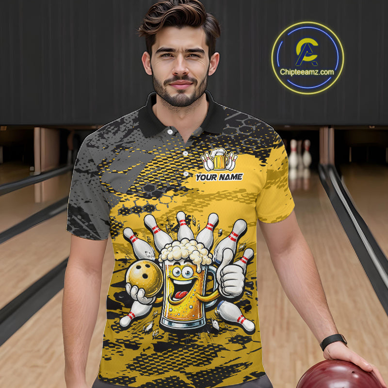 Yellow Funny Beer Bowling Shirts for Men Bowling Team Jersey for Bowlers Polo & 1/4 Zip Shirt HNT527