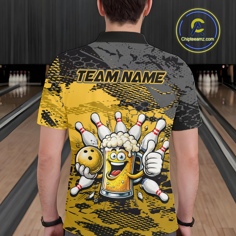 Yellow Funny Beer Bowling Shirts for Men Bowling Team Jersey for Bowlers Polo & 1/4 Zip Shirt HNT527