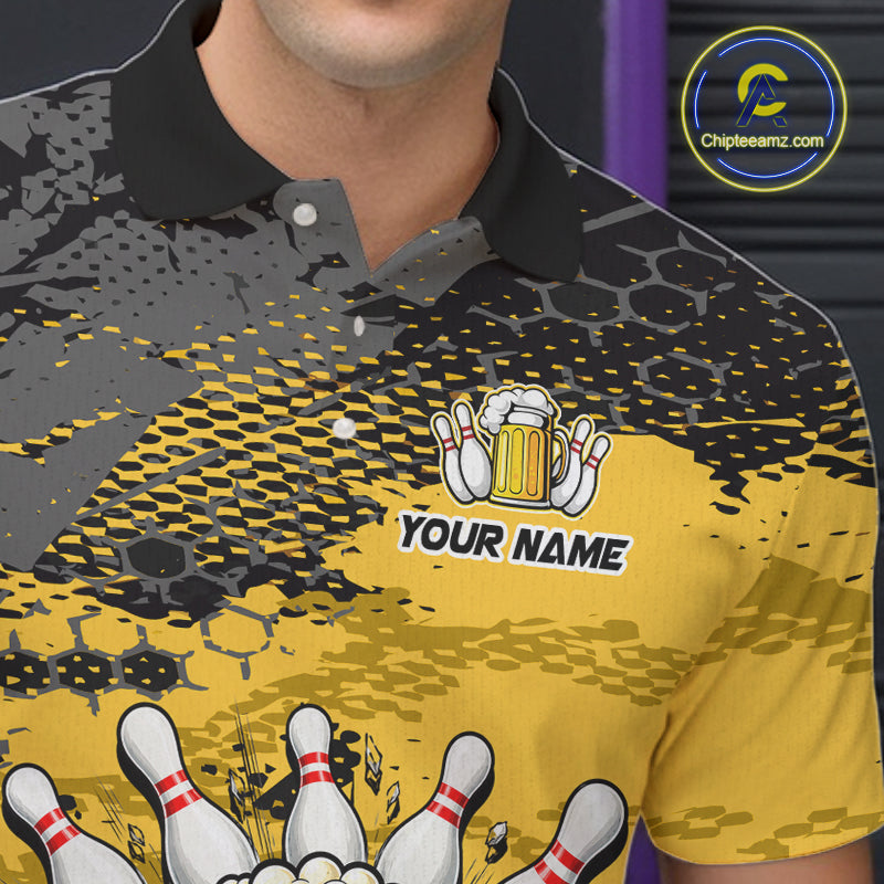Yellow Funny Beer Bowling Shirts for Men Bowling Team Jersey for Bowlers Polo & 1/4 Zip Shirt HNT527