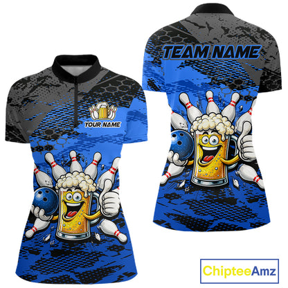 Blue Funny Beer Bowling Shirts for Women Bowling Team Jersey for Bowlers Polo & 1/4 Zip Shirt HNT527