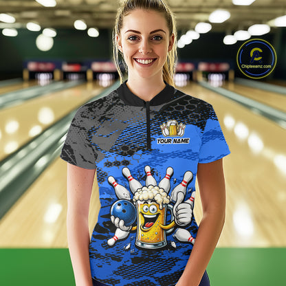 Blue Funny Beer Bowling Shirts for Women Bowling Team Jersey for Bowlers Polo & 1/4 Zip Shirt HNT527