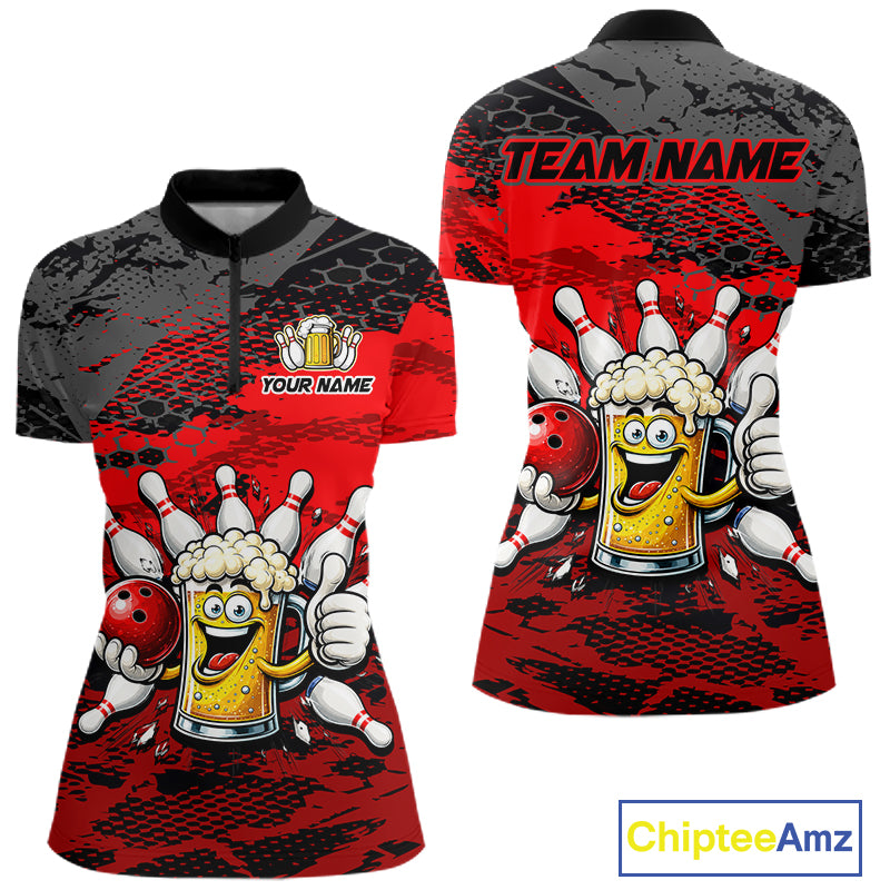 Red Funny Beer Bowling Shirts for Women Bowling Team Jersey for Bowlers Polo & 1/4 Zip Shirt HNT527