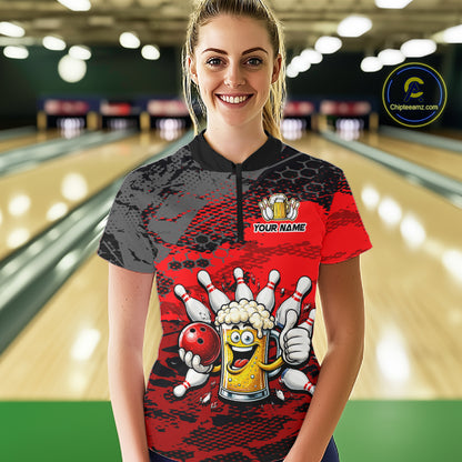 Red Funny Beer Bowling Shirts for Women Bowling Team Jersey for Bowlers Polo & 1/4 Zip Shirt HNT527