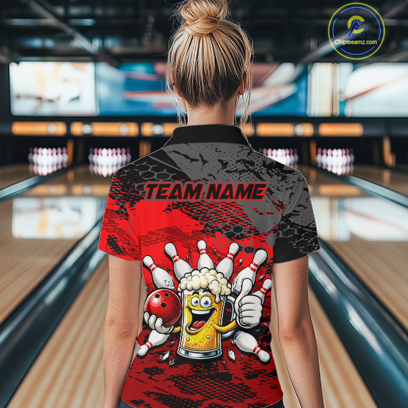 Red Funny Beer Bowling Shirts for Women Bowling Team Jersey for Bowlers Polo & 1/4 Zip Shirt HNT527