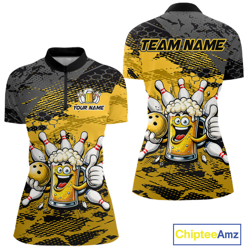 Yellow Funny Beer Bowling Shirts for Women Bowling Team Jersey for Bowlers Polo & 1/4 Zip Shirt HNT527