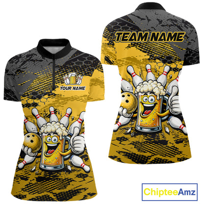 Yellow Funny Beer Bowling Shirts for Women Bowling Team Jersey for Bowlers Polo & 1/4 Zip Shirt HNT527