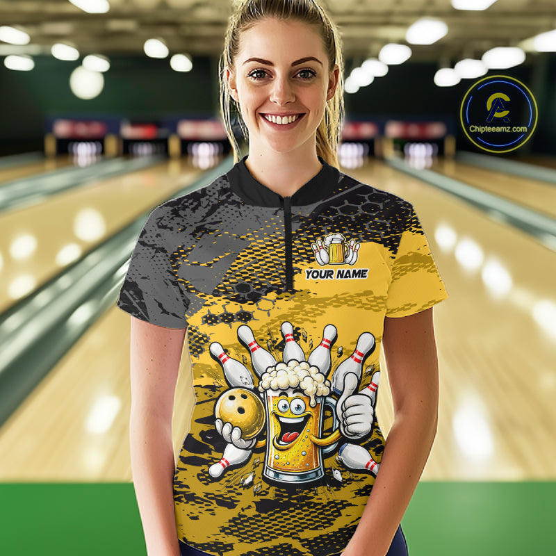 Yellow Funny Beer Bowling Shirts for Women Bowling Team Jersey for Bowlers Polo & 1/4 Zip Shirt HNT527
