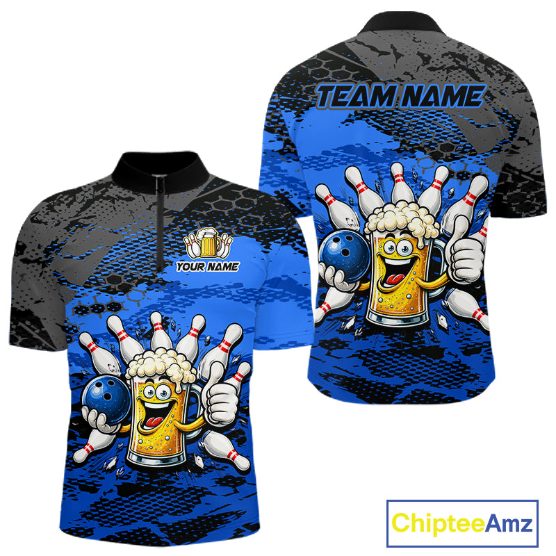 Blue Funny Beer Bowling Shirts for Men Bowling Team Jersey for Bowlers Polo & 1/4 Zip Shirt HNT527